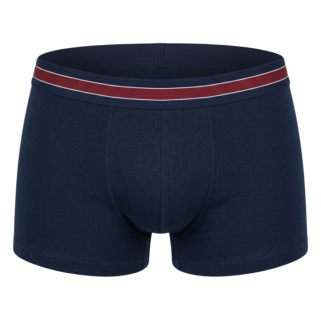AI-generated navy boxer briefs with red-and-white trim