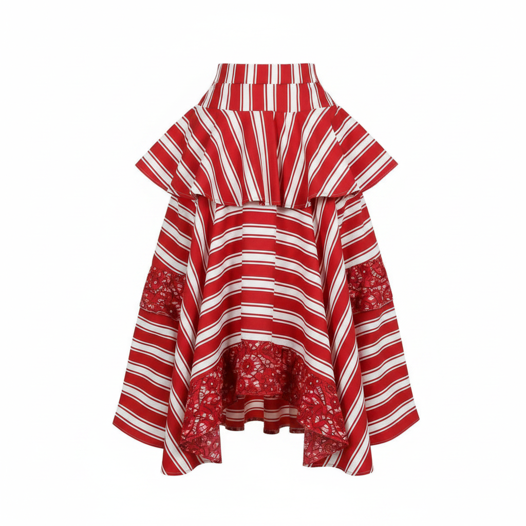Red and white striped ruffle skirt, ghost mannequin