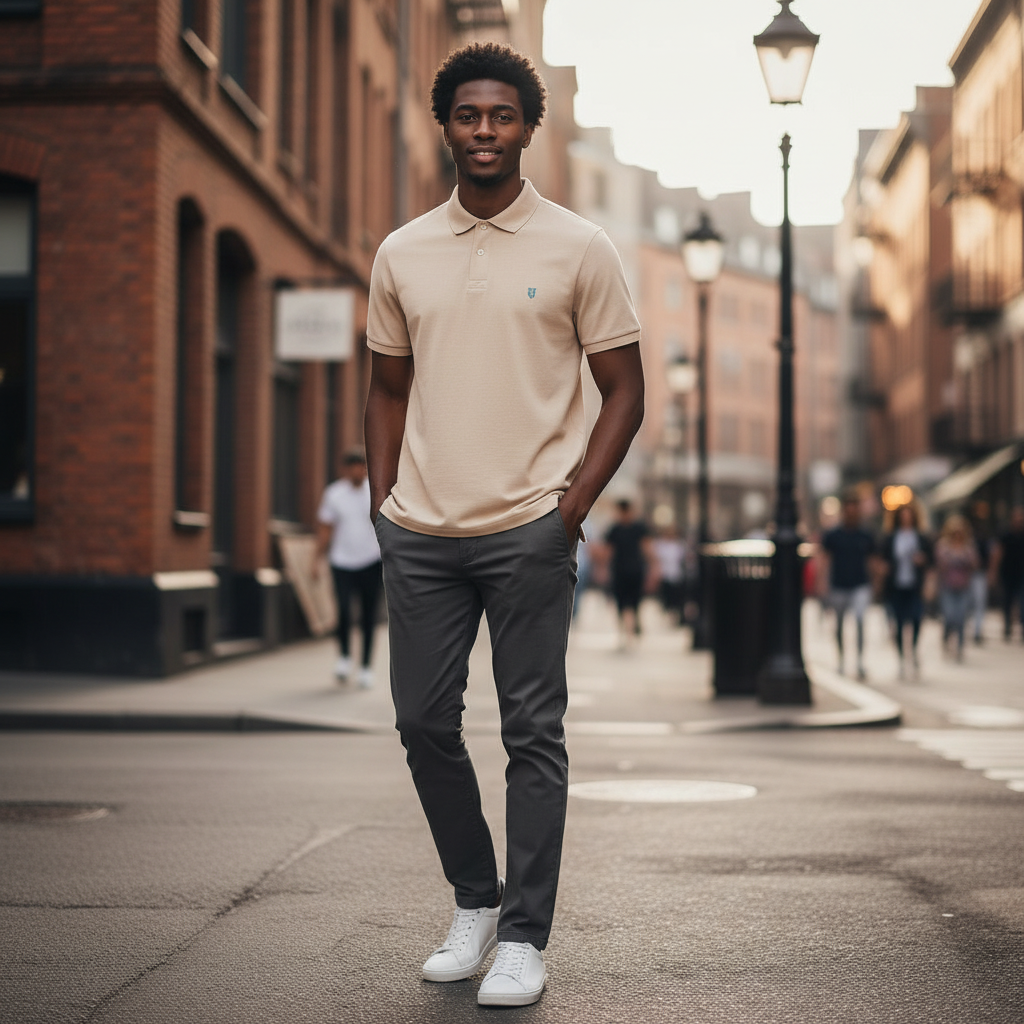 Young Nigerian male model wearing sand beige polo with teal crest logo