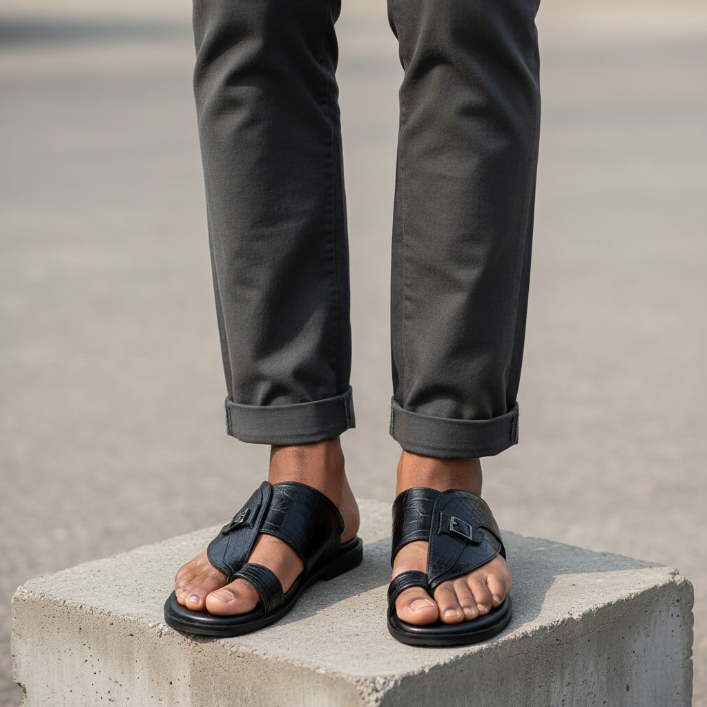 Leg focus shot of men's all-black croc leather thong slide sandals on Nigerian male model