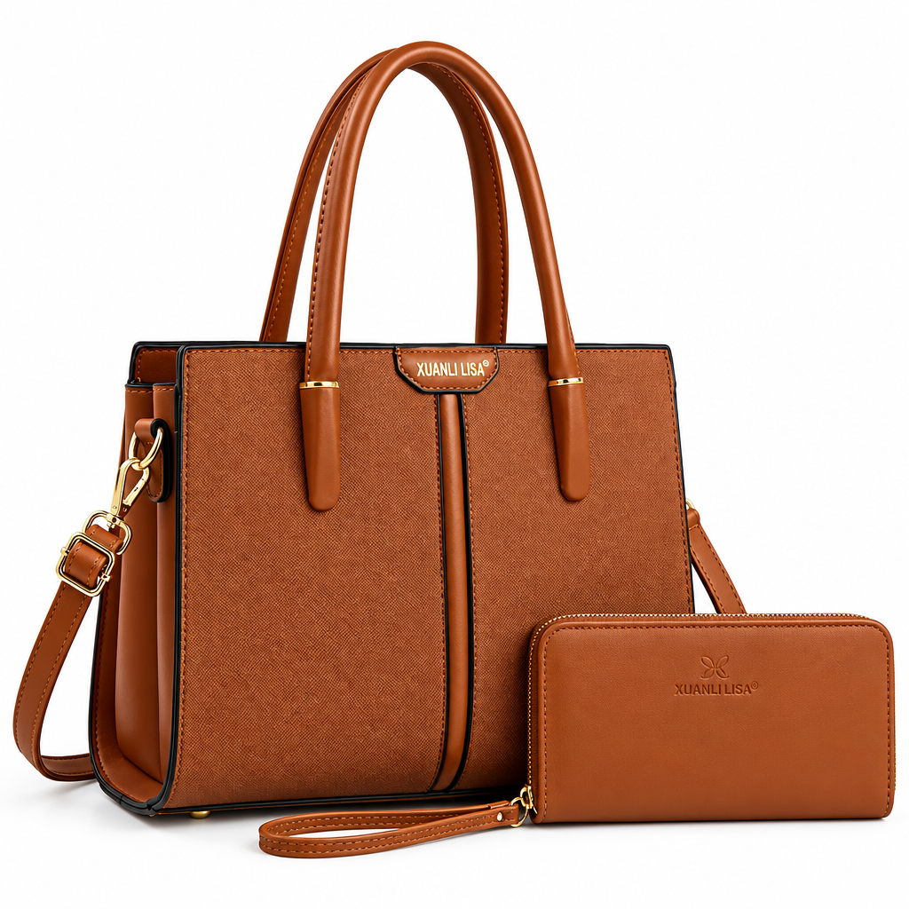 Cognac-brown textured tote with matching zip wristlet on white background
