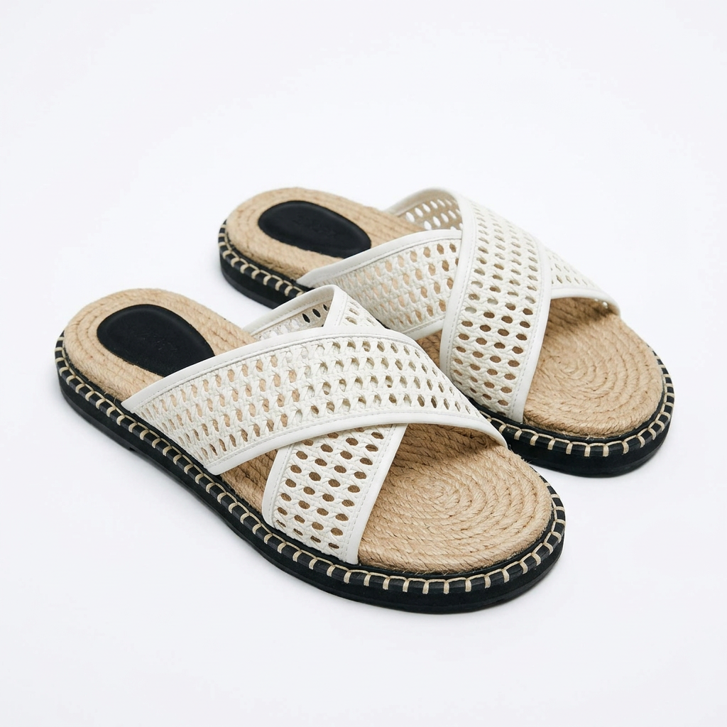 White woven cross-strap slide pair on white