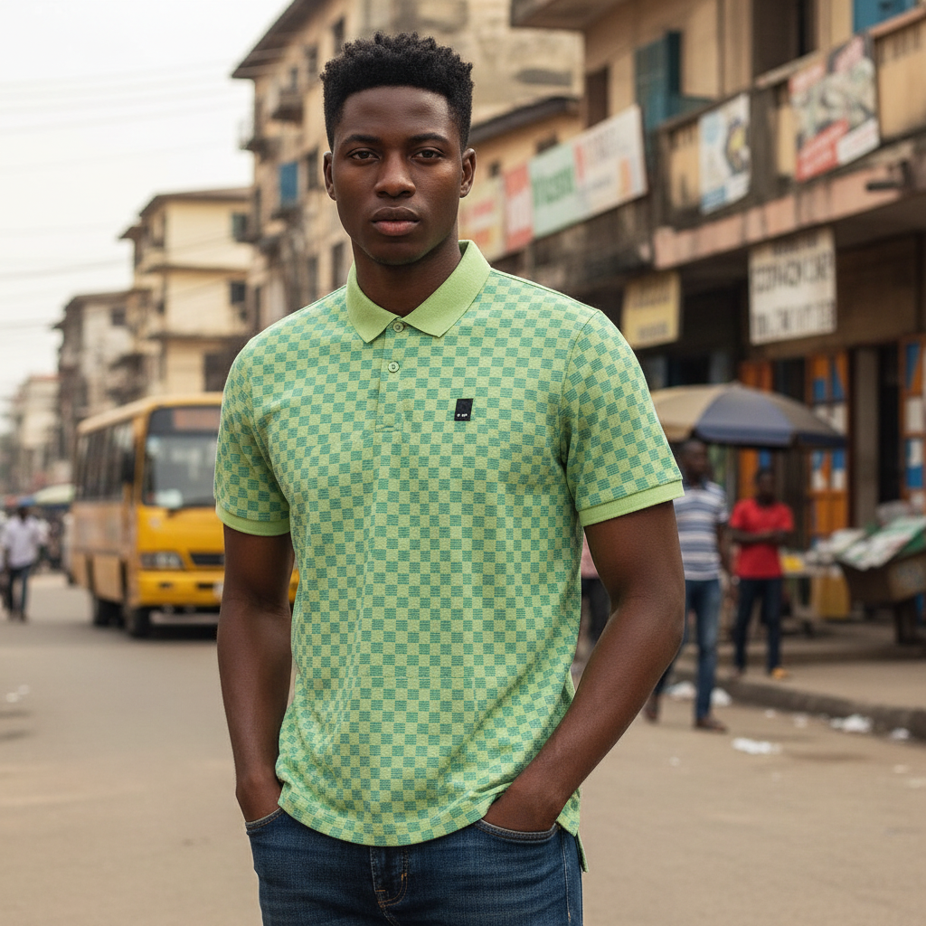 Nigerian model wearing green checkered polo shirt