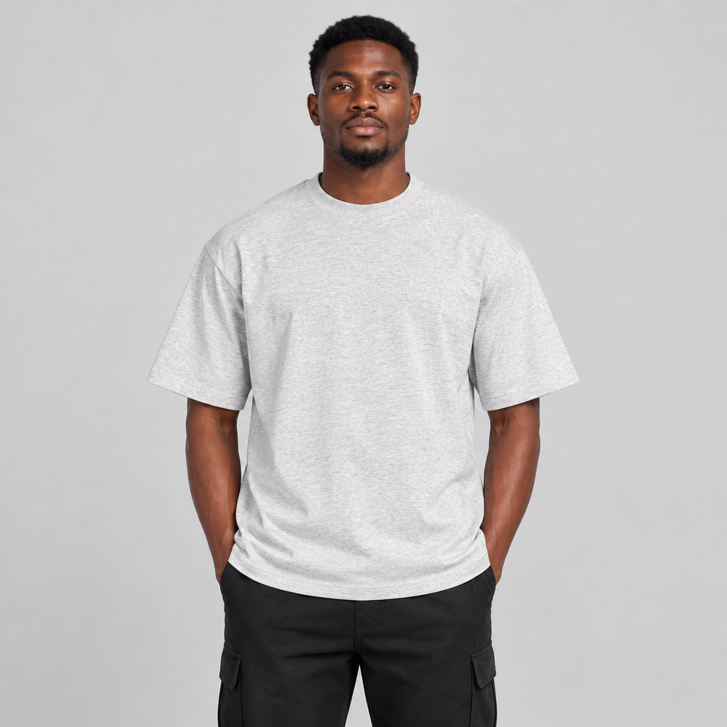 Man wearing light heather grey crew-neck T-shirt