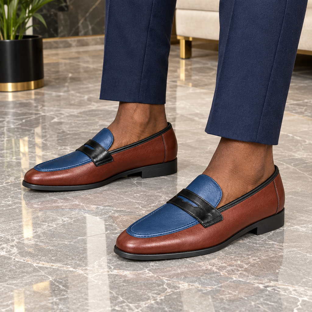 Both feet wearing chestnut and navy penny loafers on marble floor