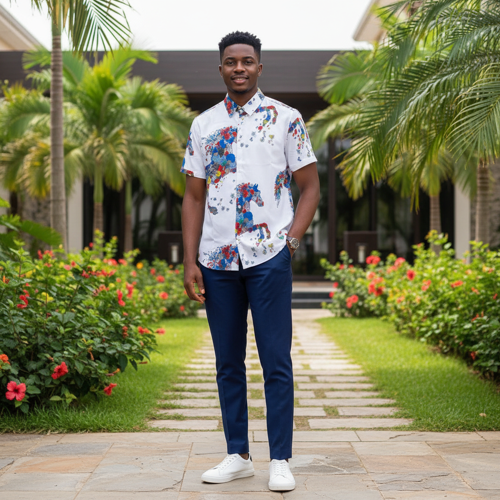 Nigerian male model wearing white floral horse graphic short-sleeve shirt