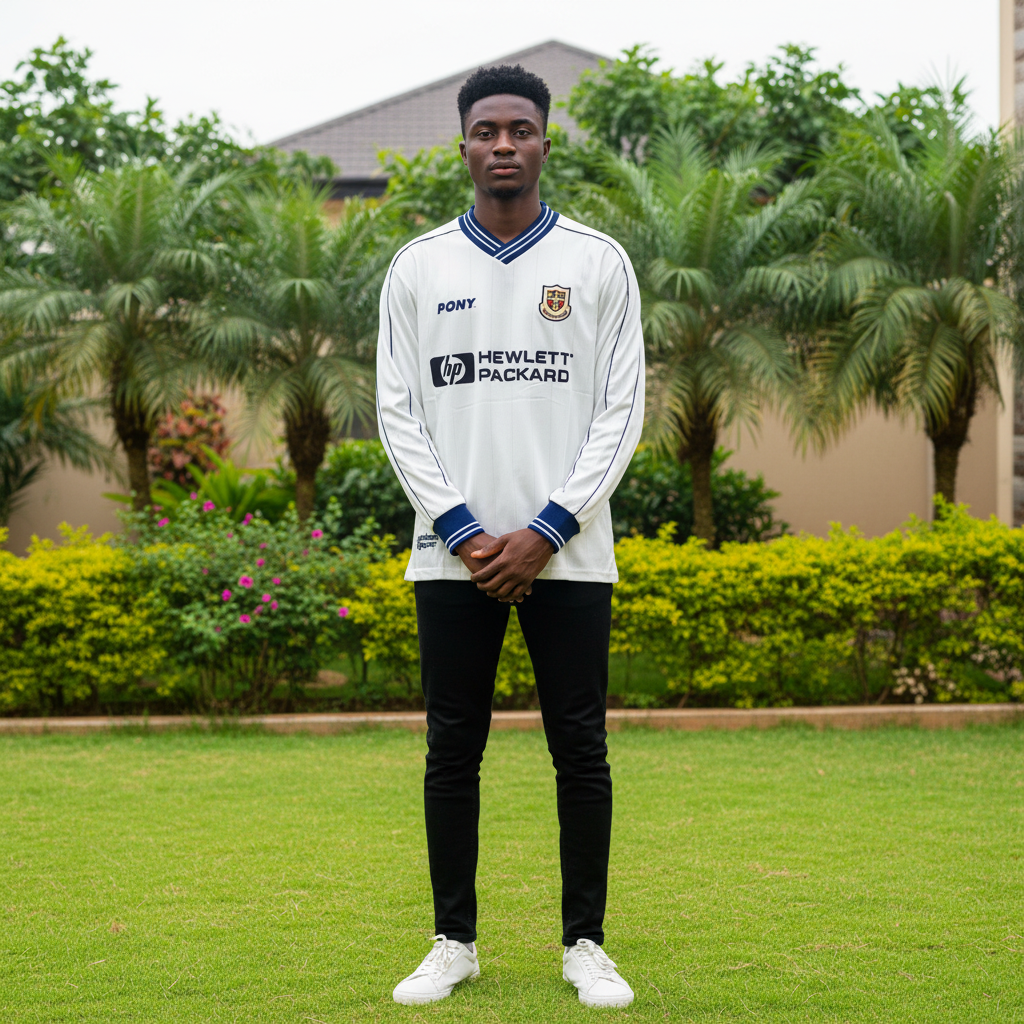 White and navy pinstripe long-sleeve retro football jersey with V-collar — Nigerian male model front view
