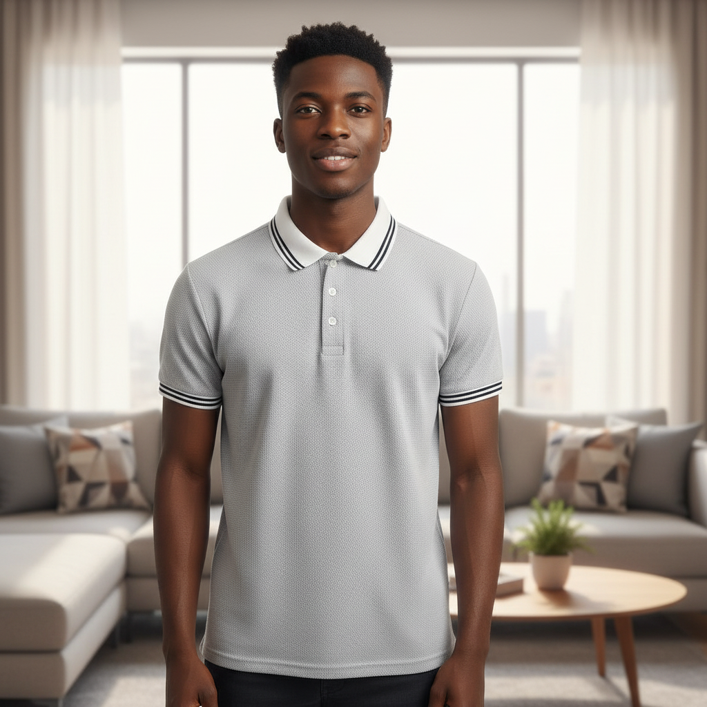 Young Nigerian male model wearing light grey contrast collar polo shirt, front view