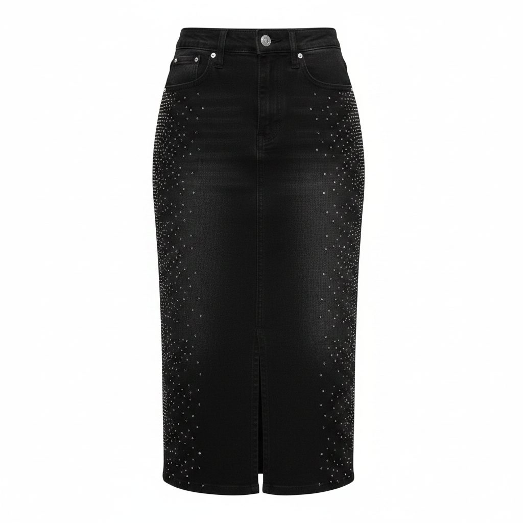 Black Rhinestone All-Over Midi Denim Skirt – Ghost Mannequin Front