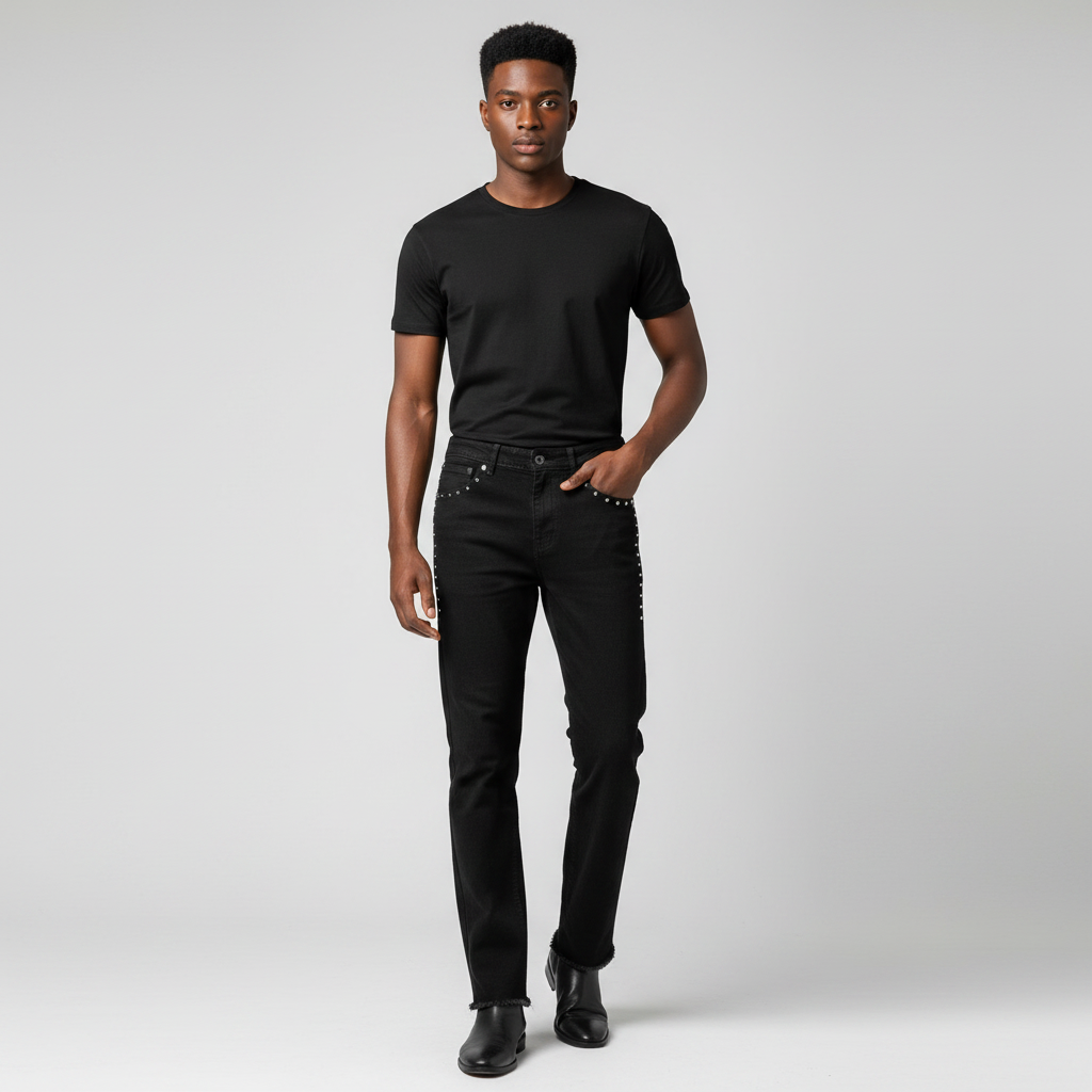 Nigerian male model wearing black studded denim jeans