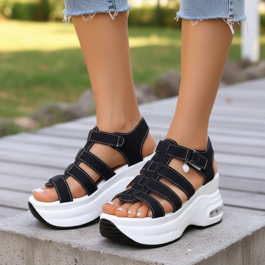 Leg focus shot of women's black sport platform sandals on Nigerian female model