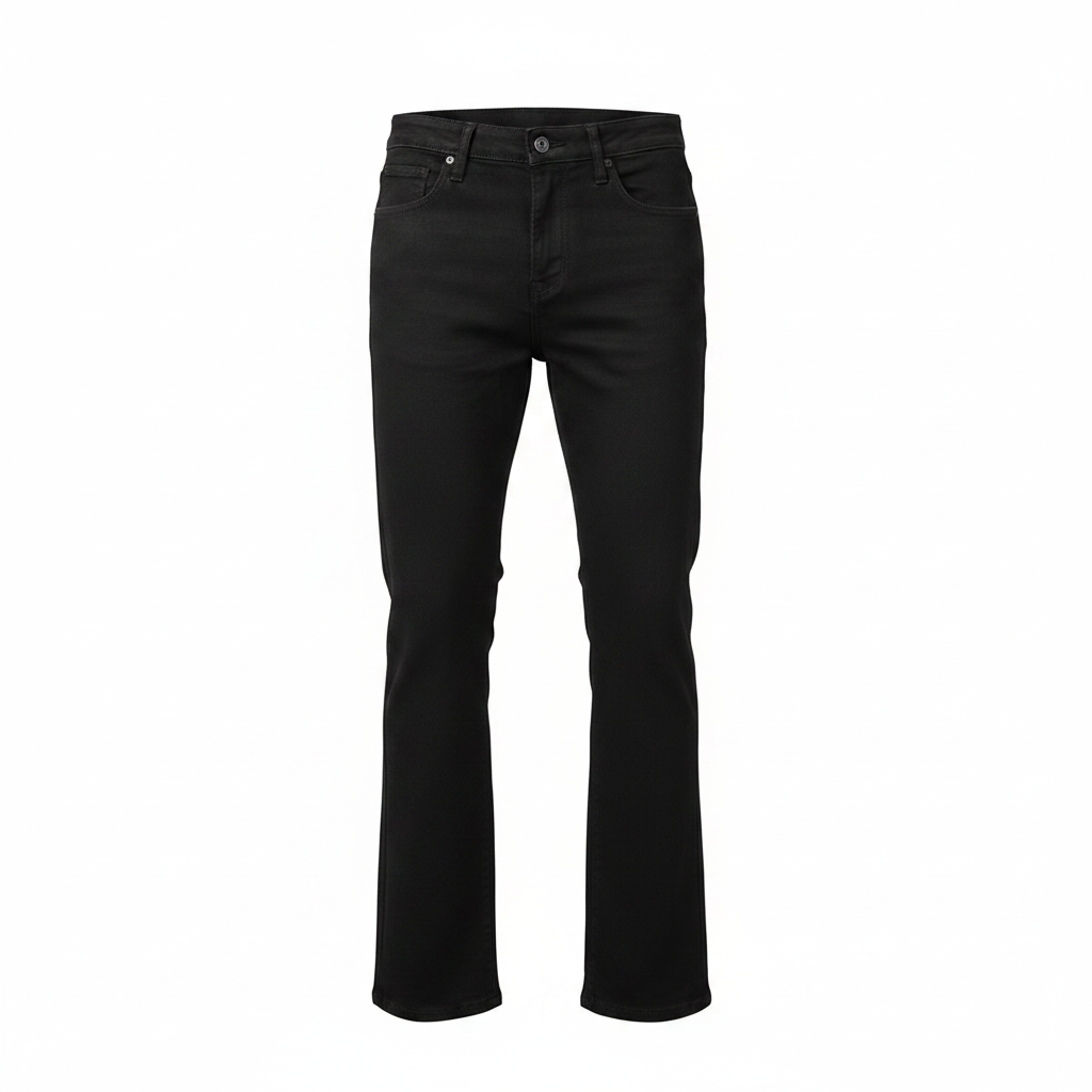 Men's black flared denim jeans ghost mannequin front view