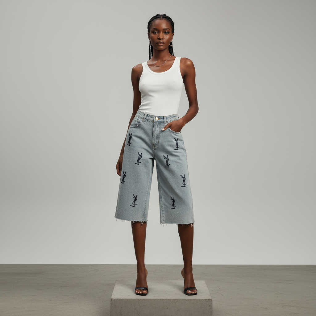 Nigerian female model wearing grey monogram denim bermuda shorts