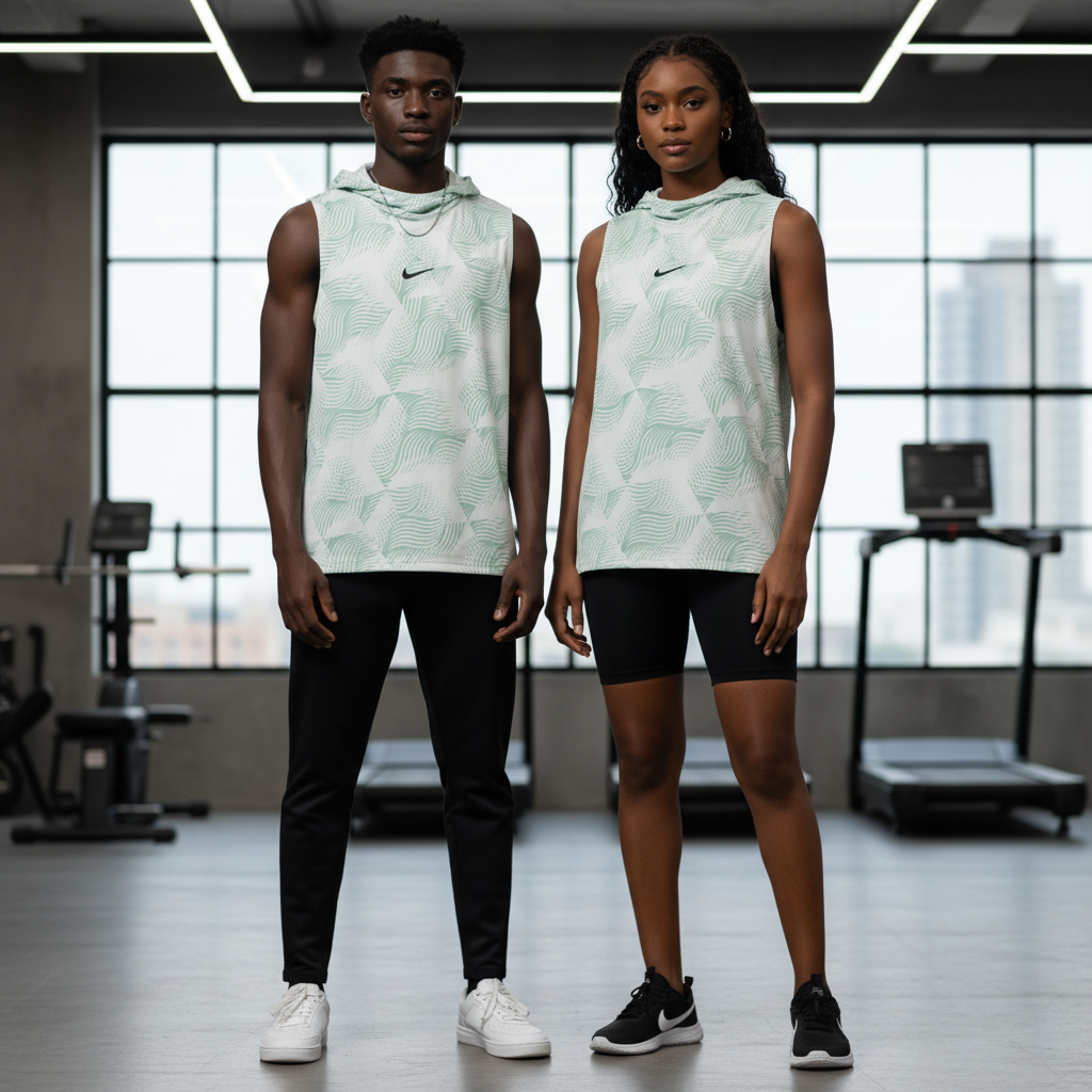 Nike mint wave-print sleeveless hoodie on male and female models