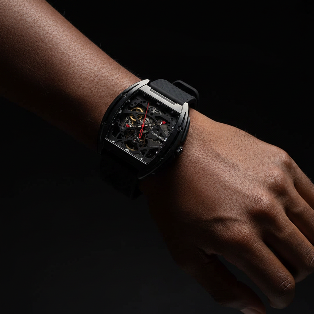 Nigerian man wearing all-black CIGA Design Z-Series skeleton tonneau watch with red hands, wrist close-up