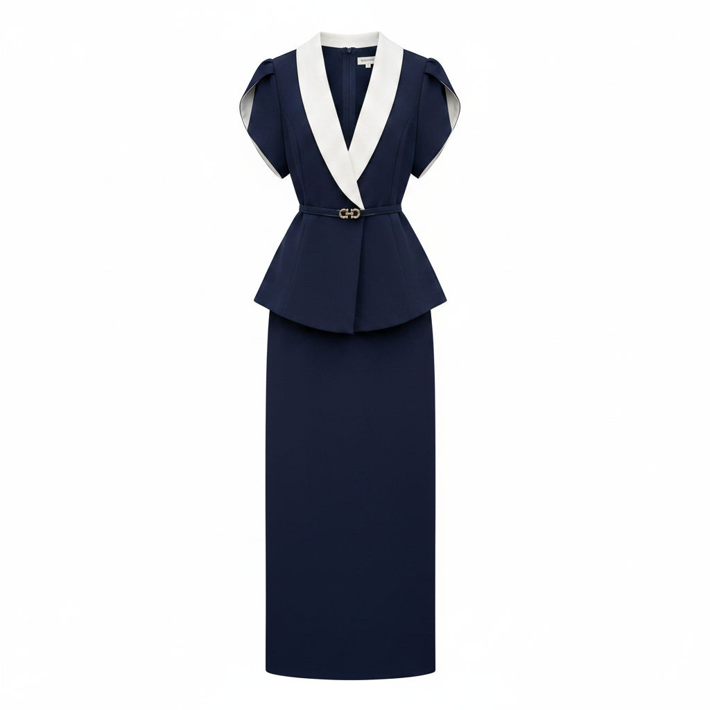 Women's white-collar peplum belted midi dress in navy blue – ghost mannequin front view