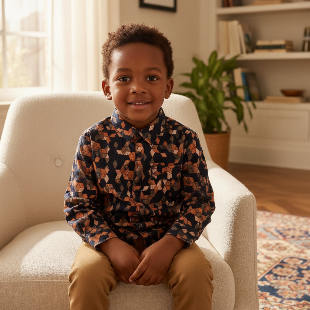 Boy aged 3 wearing Orange Geometric Print Long-Sleeve Shirt - Model Shot