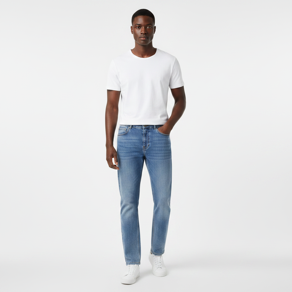 Nigerian model wearing light blue straight jeans