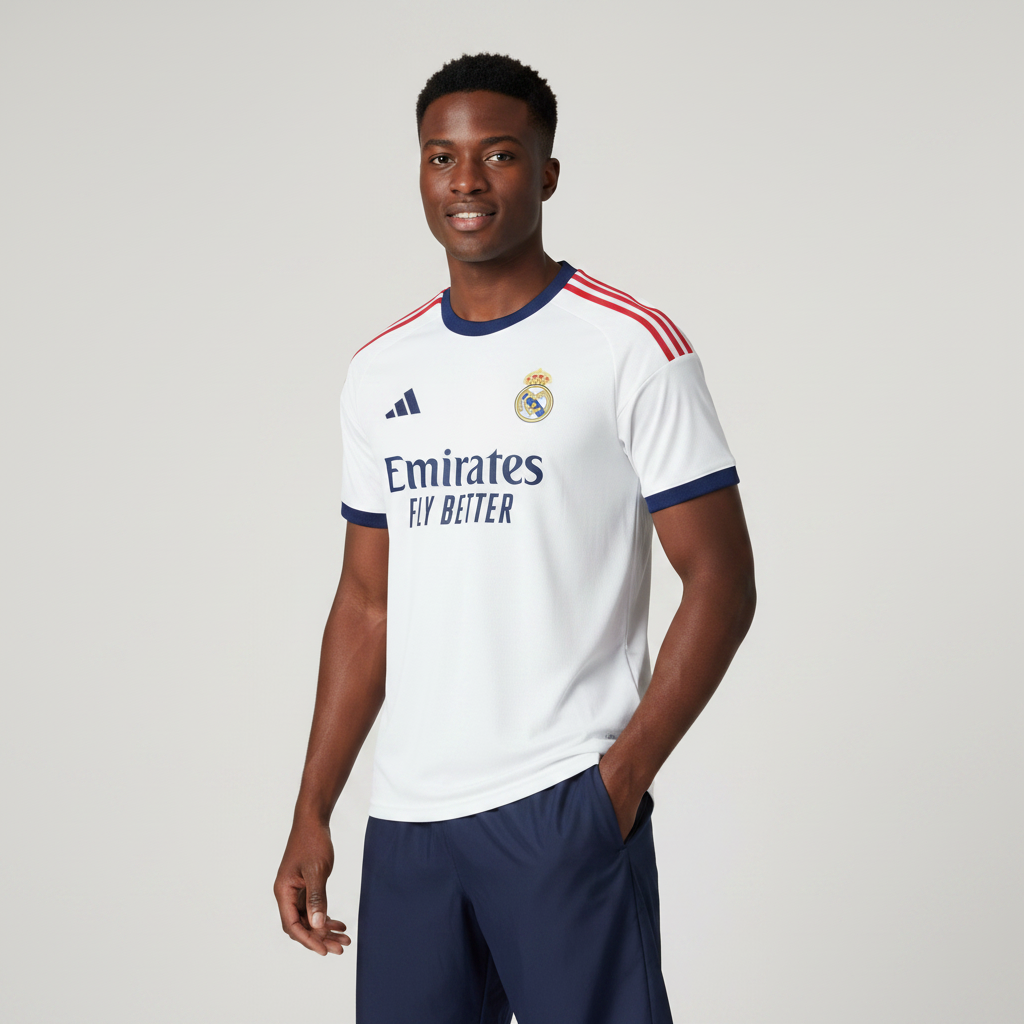 Nigerian male model wearing Real Madrid home jersey