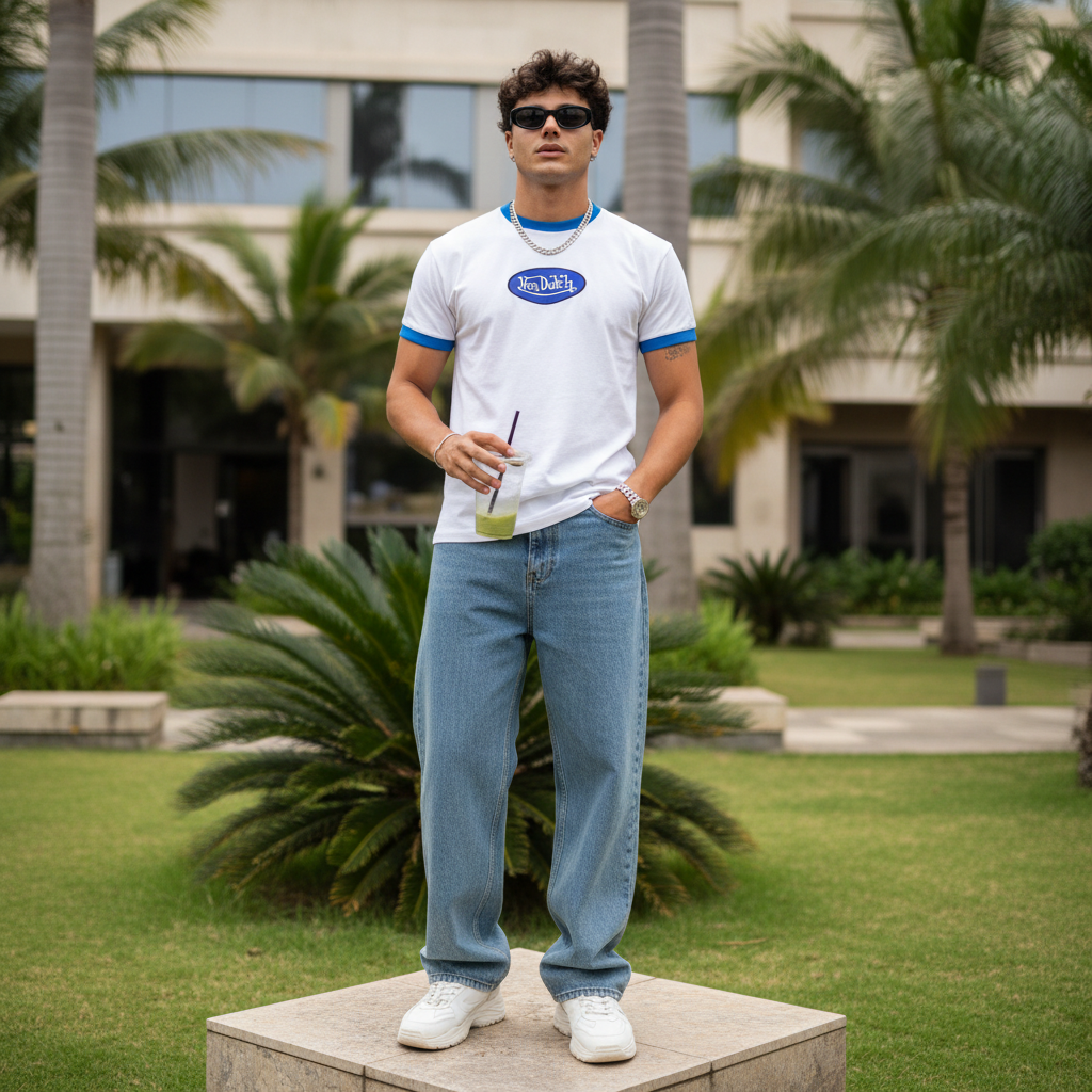 Nigerian male model wearing men's white blue contrast ringer oval badge sunburst eye graphic T-shirt Y2K streetwear style
