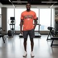 Under Armour coral collegiate athletic jersey T-shirt on male model