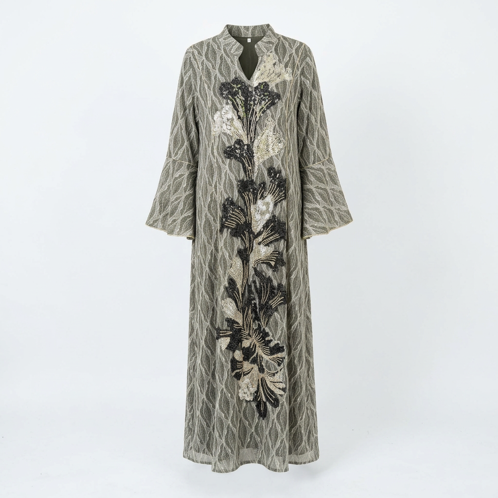 Grey botanical shimmer abaya catalogue image