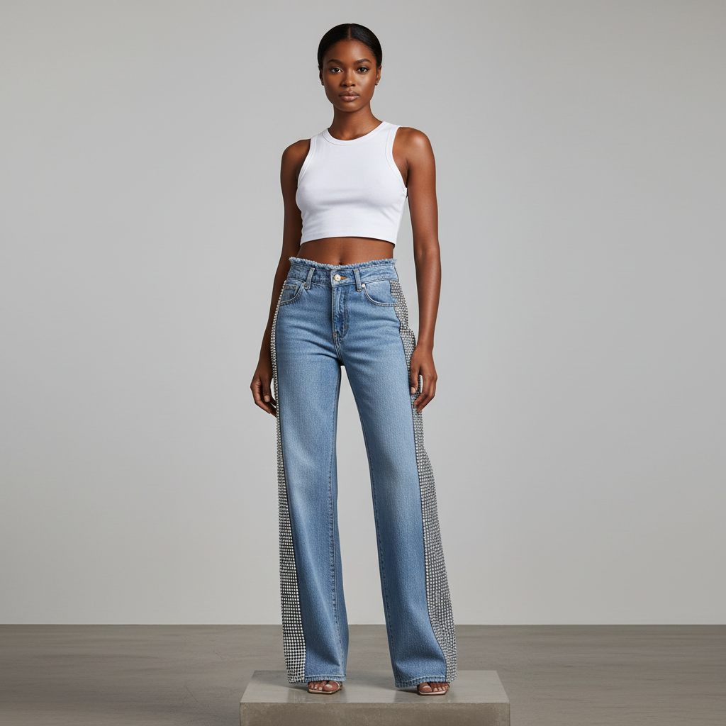 Light Blue Rhinestone Side Panel Wide-Leg Jeans – Model Front