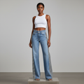 Light Blue Rhinestone Side Panel Wide-Leg Jeans – Model Front