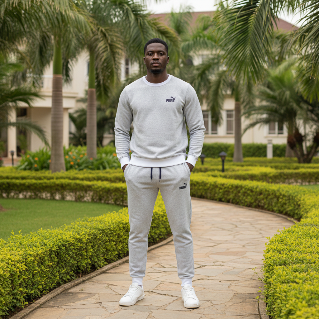 Nigerian male model wearing light heather grey crewneck and jogger sweat suit set