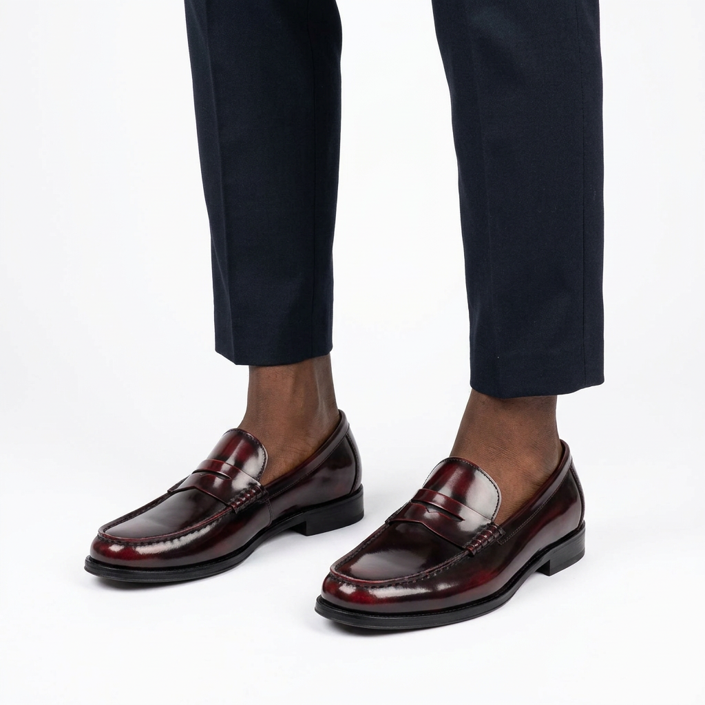 Pair of glossy burgundy penny loafers properly worn with tailored trousers