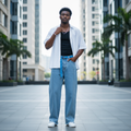 Men's light blue baggy wide-leg jeans with pintuck detail on model