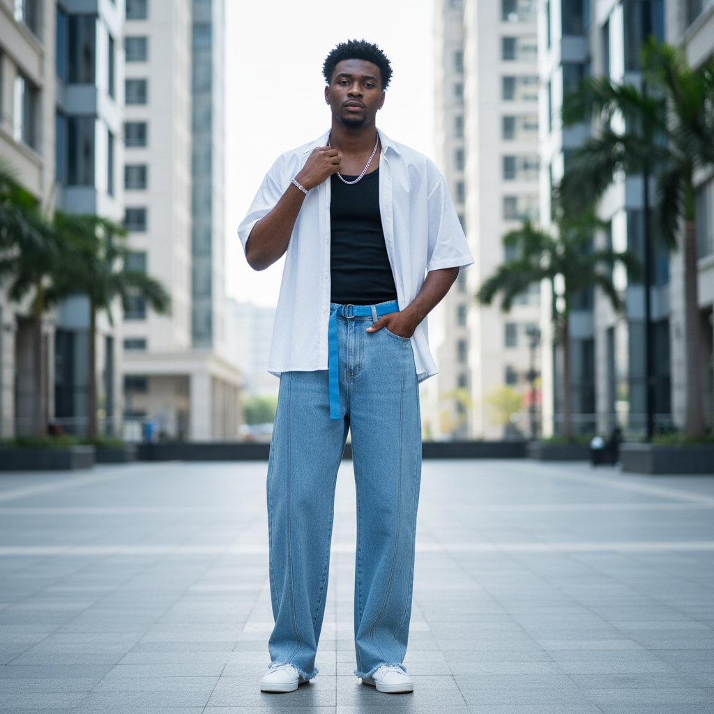 Men's light blue baggy wide-leg jeans with pintuck detail on model