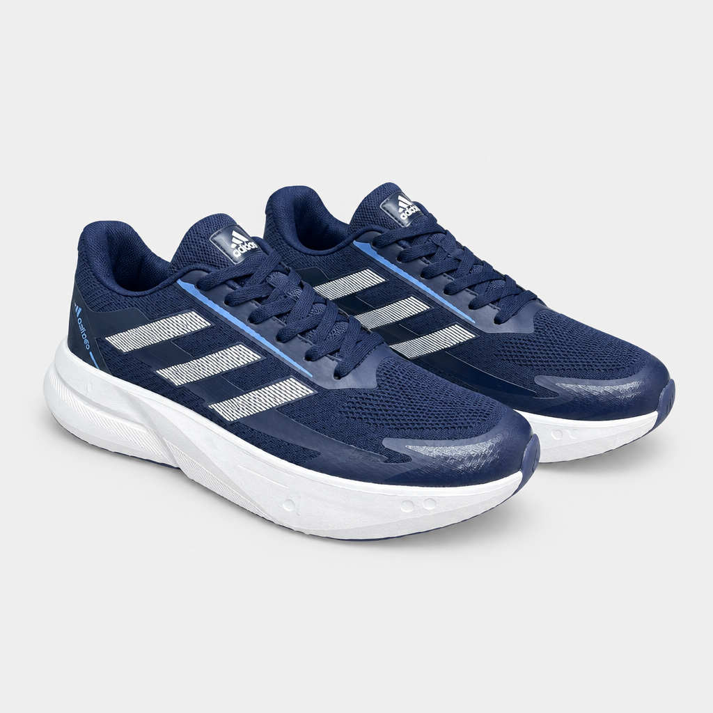 Pair of navy mesh running sneakers with blue side accents and white soles