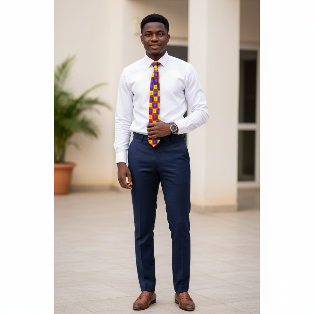 Nigerian male model wearing purple yellow and orange geometric grid woven necktie with white shirt
