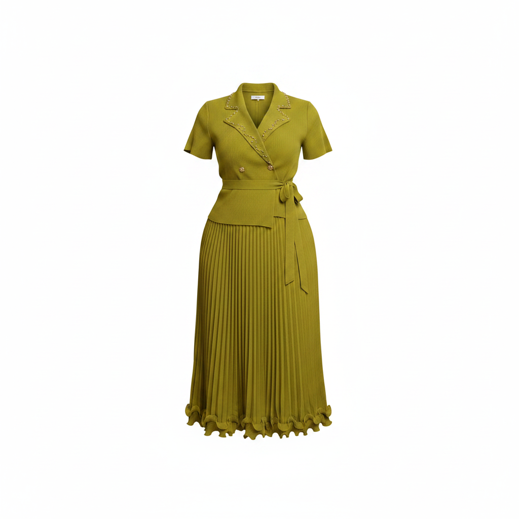 Chartreuse yellow-green pleated midi gown set with gold bead collar trim and ruffled hem, ghost mannequin view