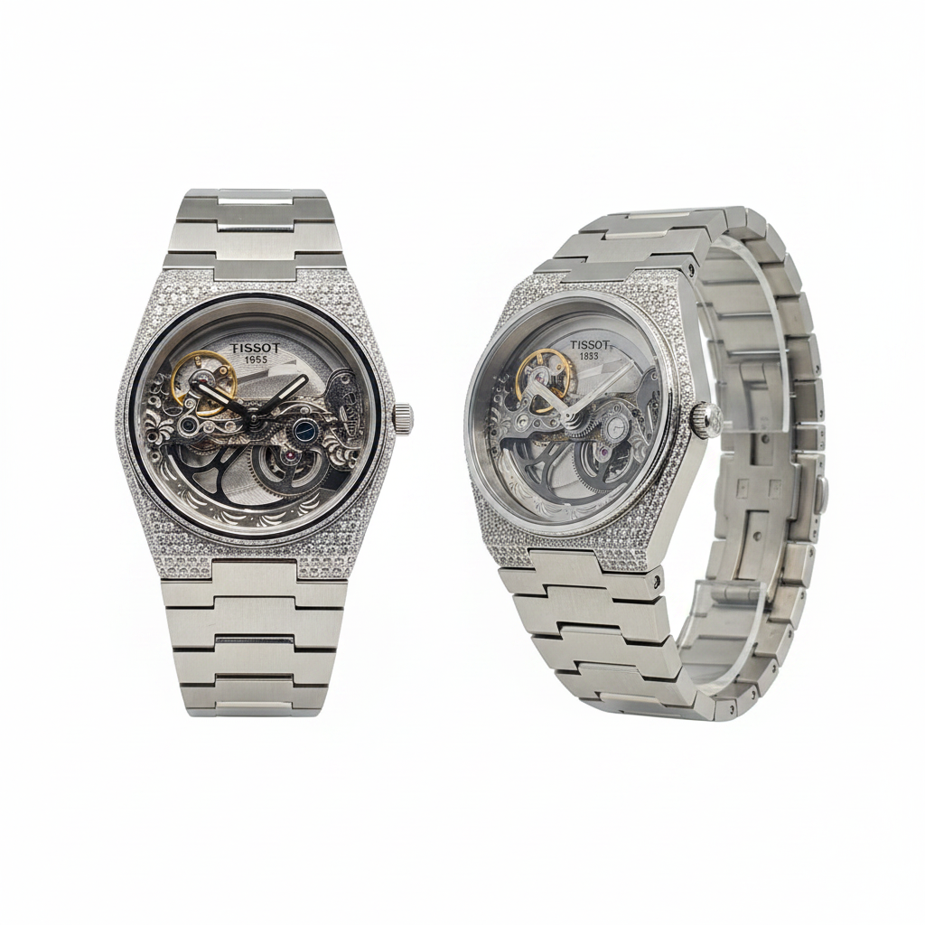 Men's silver iced-out diamond skeleton watch — ghost mannequin front and side view