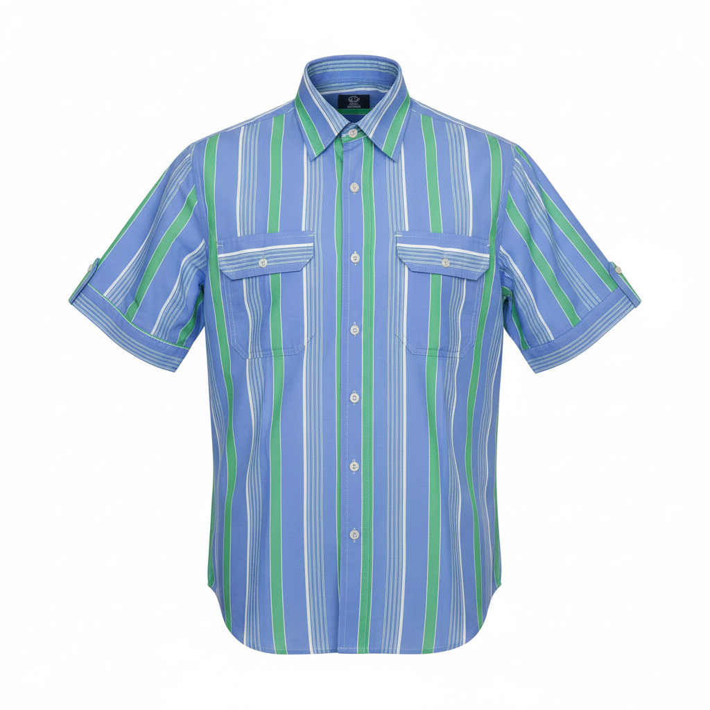 Blue Green White Multistripe Short-Sleeved Shirt - Ghost Mannequin