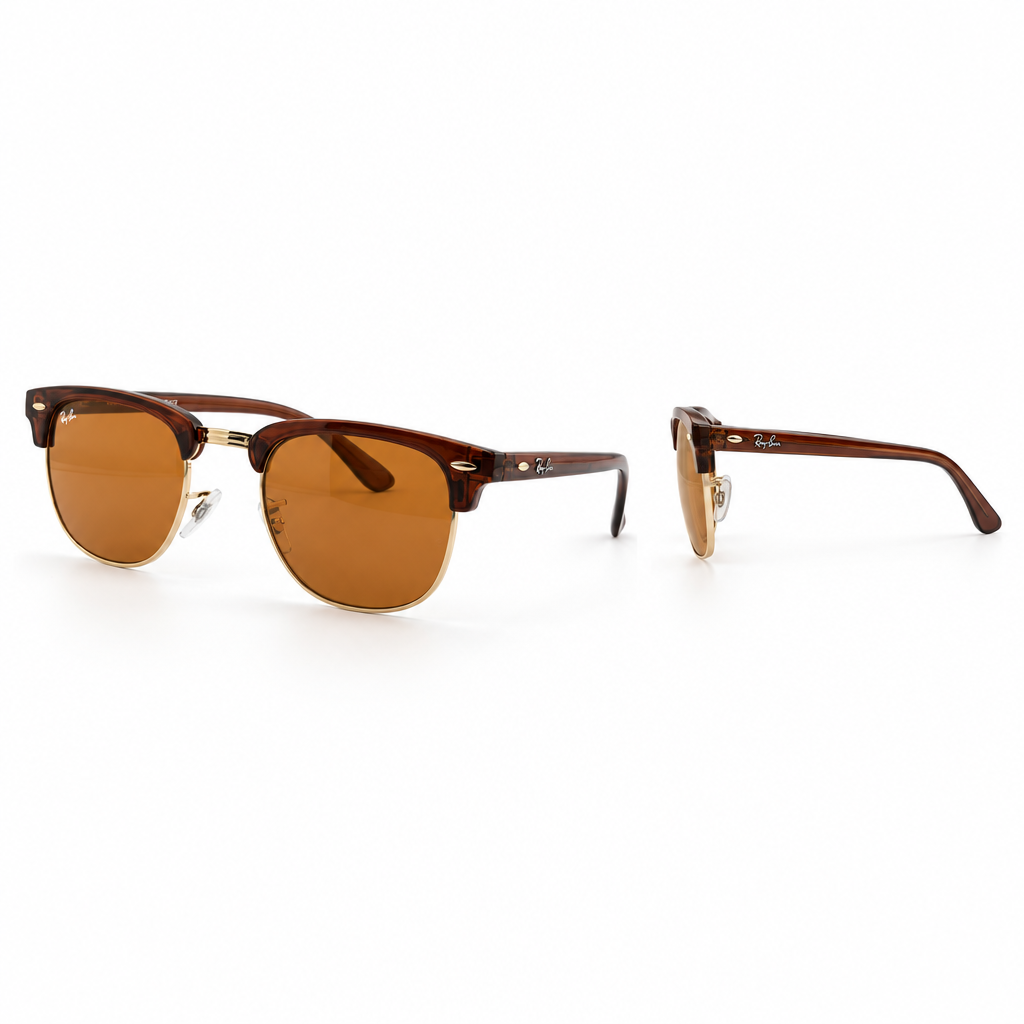 Brown browline sunglasses with amber lenses in main and side views without lens stickers