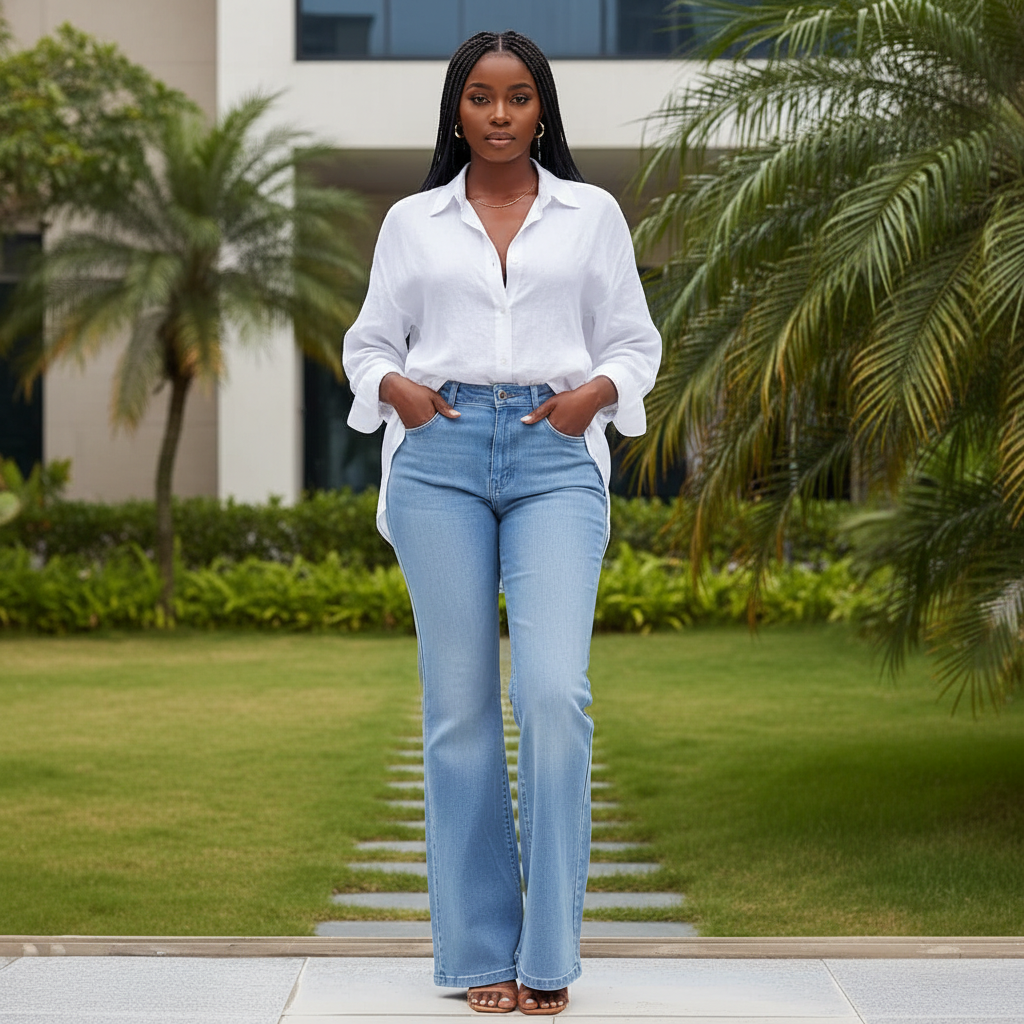 Light Blue Washed High-Waist Flare Denim Jeans - Model Front View
