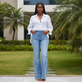 Light Blue Washed High-Waist Flare Denim Jeans - Model Front View