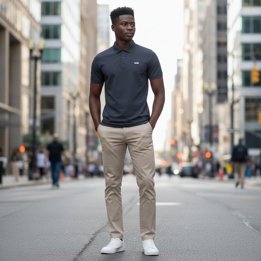 Young Nigerian male model wearing charcoal grey polo with silver badge