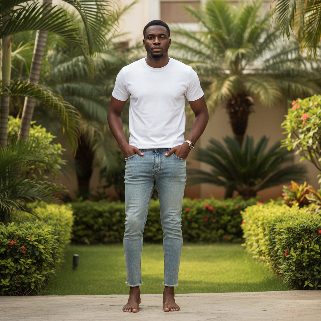 Adult Nigerian male model wearing light wash slim denim jeans in garden setting