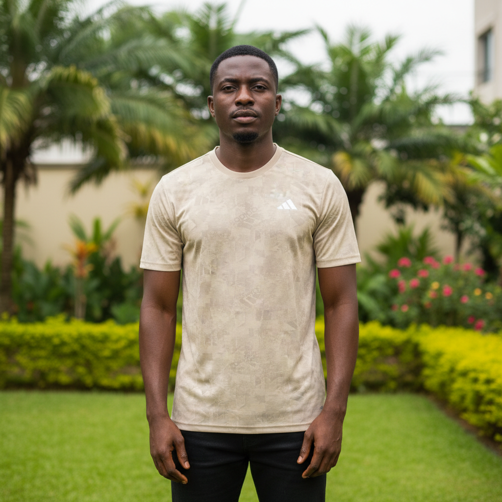 Nigerian male model wearing sand tonal-pattern sport jersey