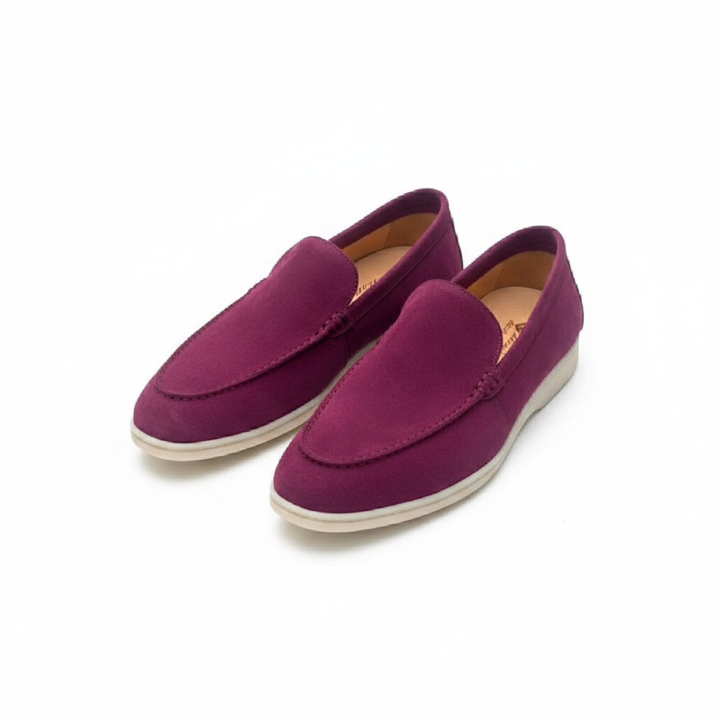 Men's purple suede slip-on loafer pair, ghost mannequin view, white background