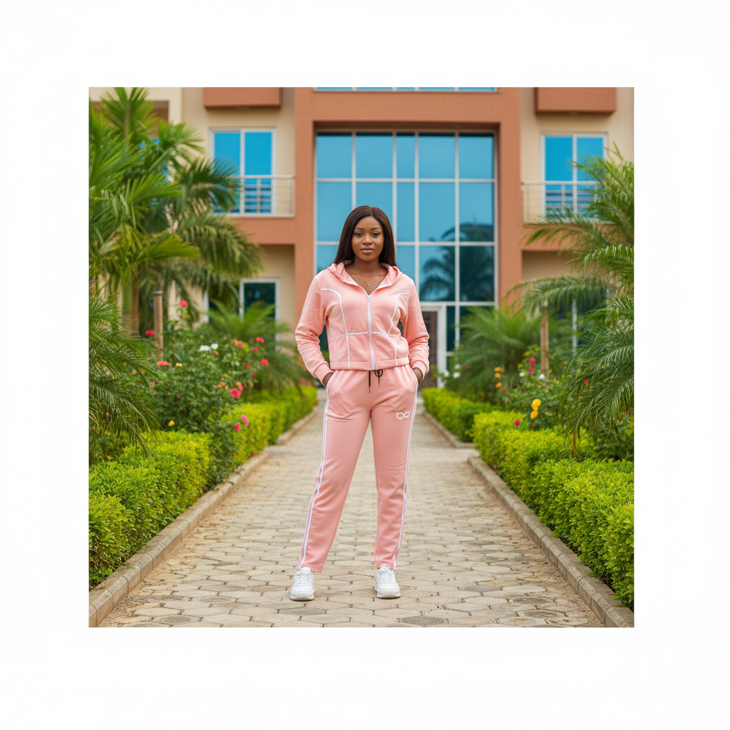 Nigerian female model wearing blush pink tracksuit co-ord set with white side stripes