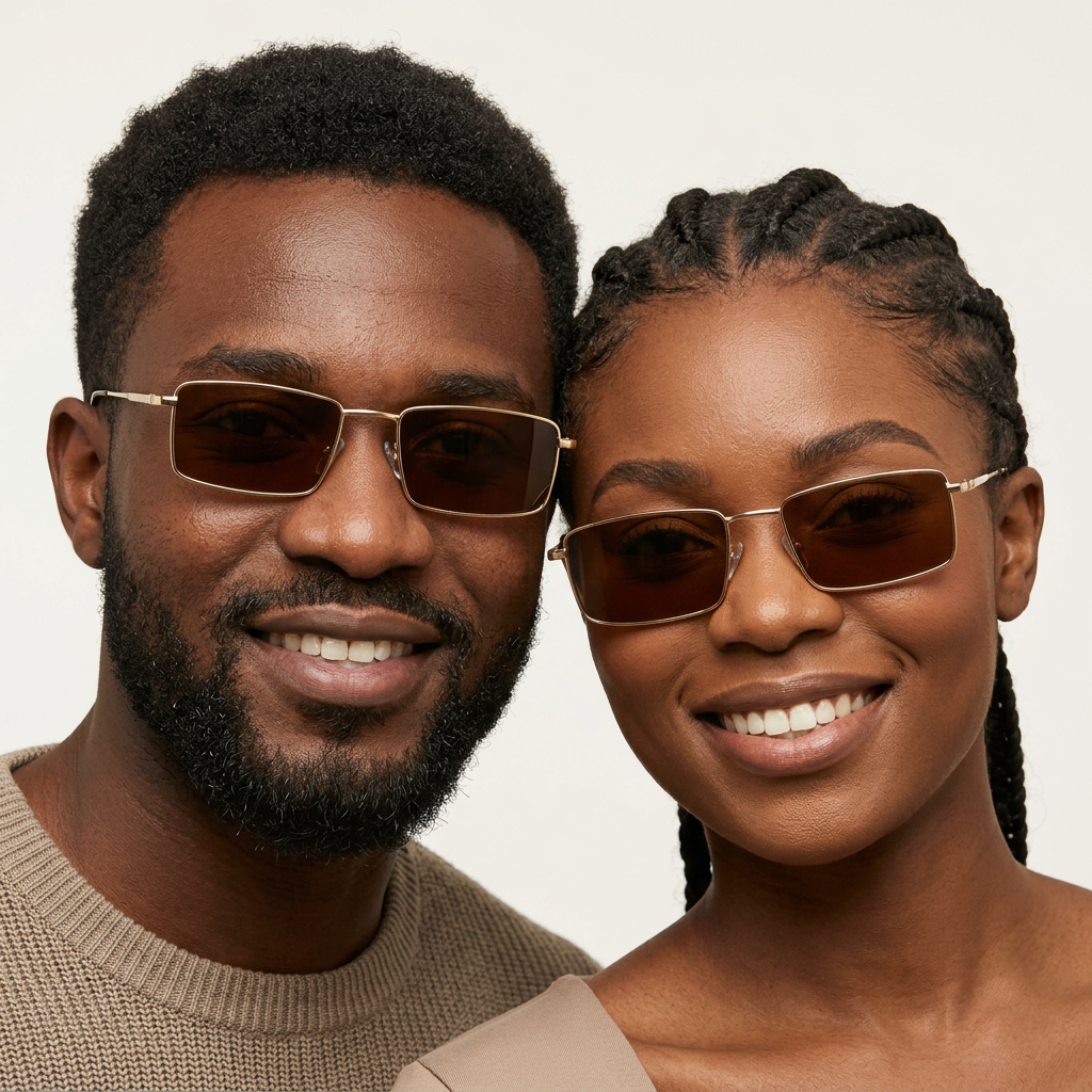 AI-generated adults wearing gold-tone rectangular brown sunglasses