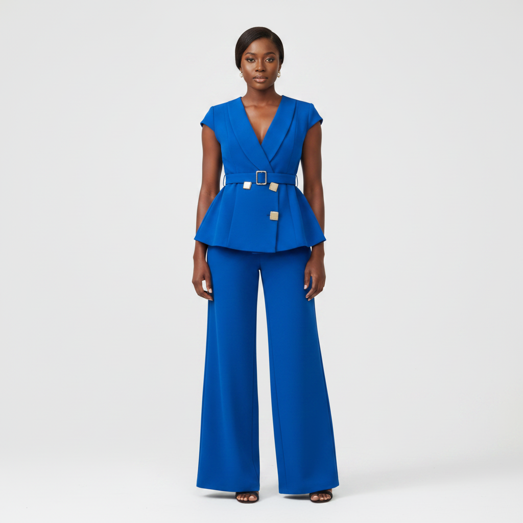 Royal Blue Peplum Blazer & Trouser Set - Front Model