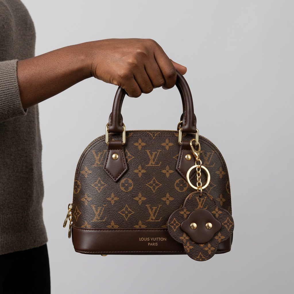AI-generated hand-focused lifestyle view of a brown patterned dome handbag with flower-shaped pouch