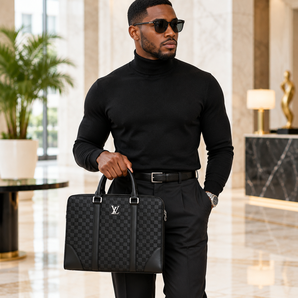 Black Checkered Embossed Leather Executive Briefcase – Model Shot