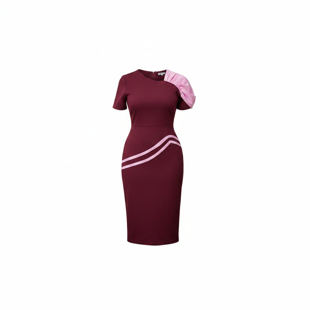 Women's Burgundy & Pink One-Shoulder Puff-Sleeve Midi Dress – Ghost Mannequin Front View (Corrected)
